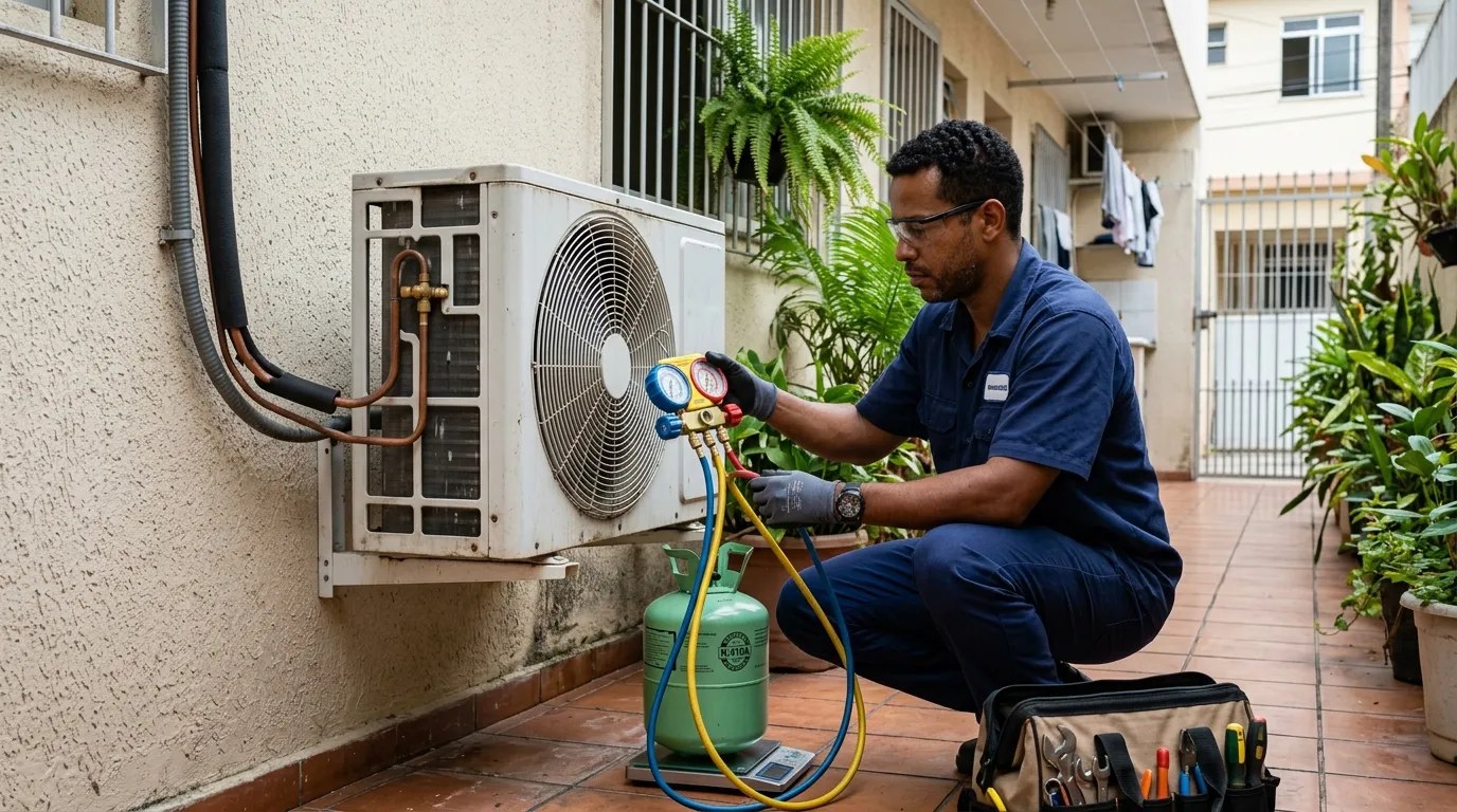 Técnico fazendo carga de gás na condensadora do ar-condicionado em Goiânia‑GO