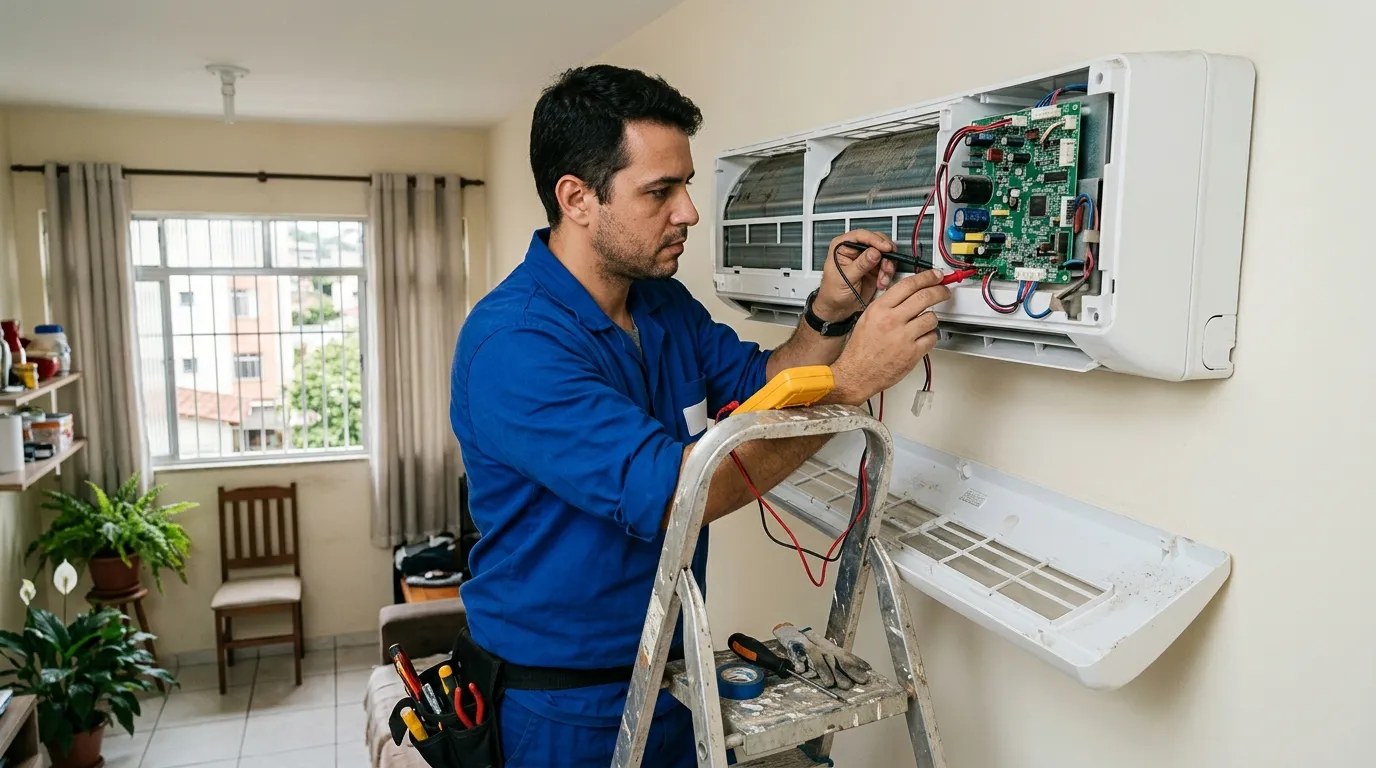 Técnico trocando a placa eletrônica de ar-condicionado split em Goiânia‑GO