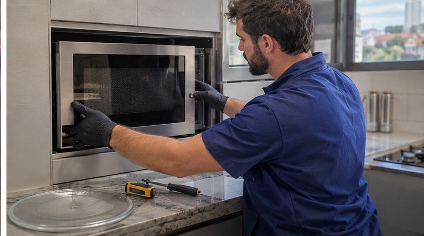 Conserto de micro-ondas de embutir em Goiânia‑GO: técnico encaixando o aparelho no armário