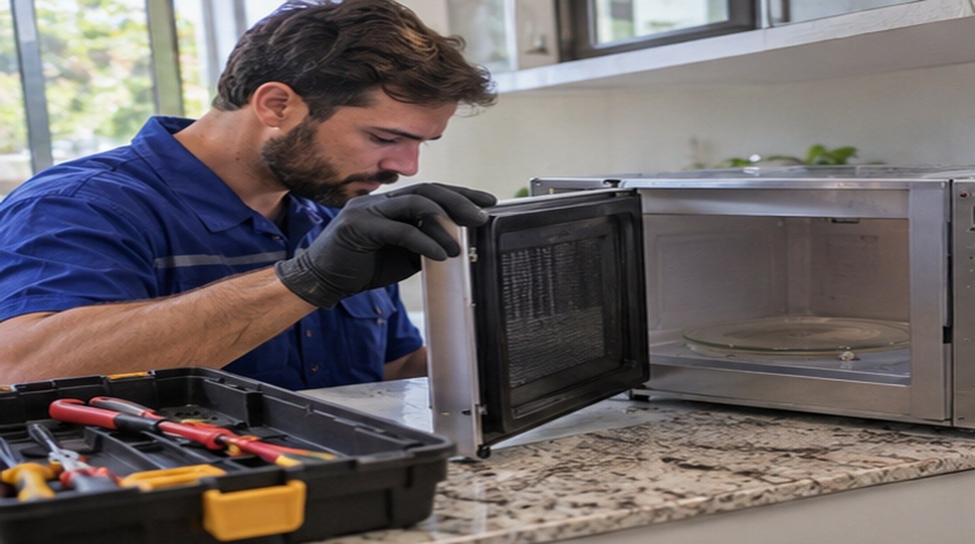 Conserto de micro-ondas em Goiânia‑GO: técnico abrindo um micro-ondas de bancada