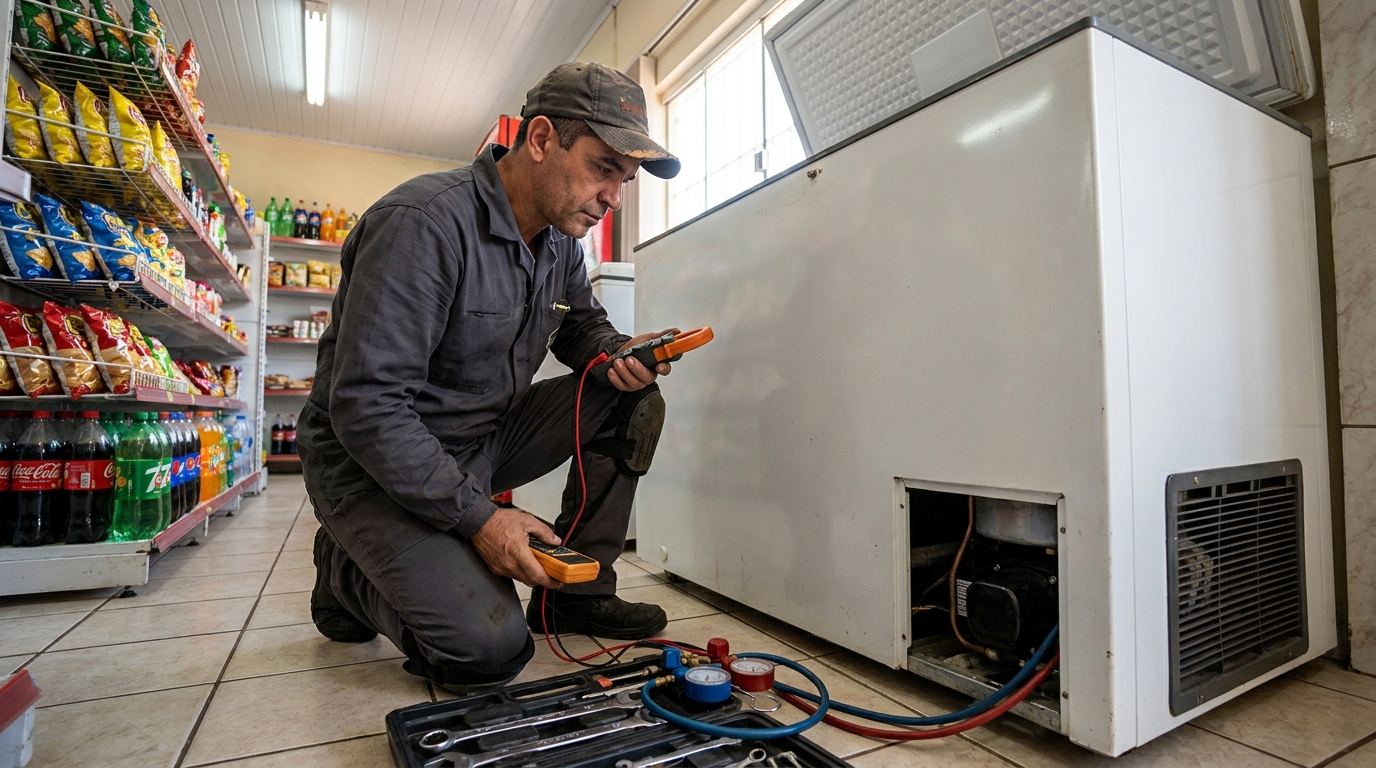 Reparo da placa eletrônica de um freezer em atendimento no Arco Verde, Goiânia‑GO