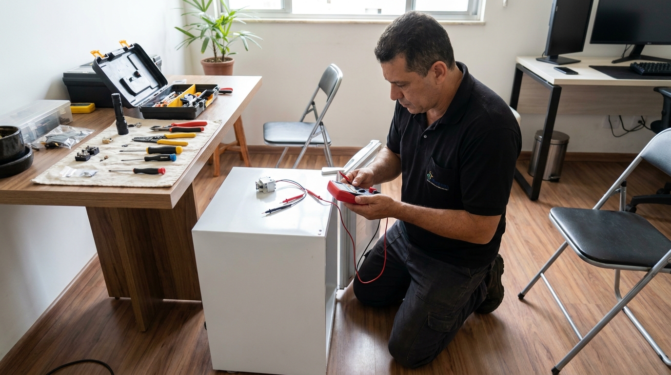 Manutenção da placa eletrônica de um frigobar no Setor Serrinha, Goiânia‑GO