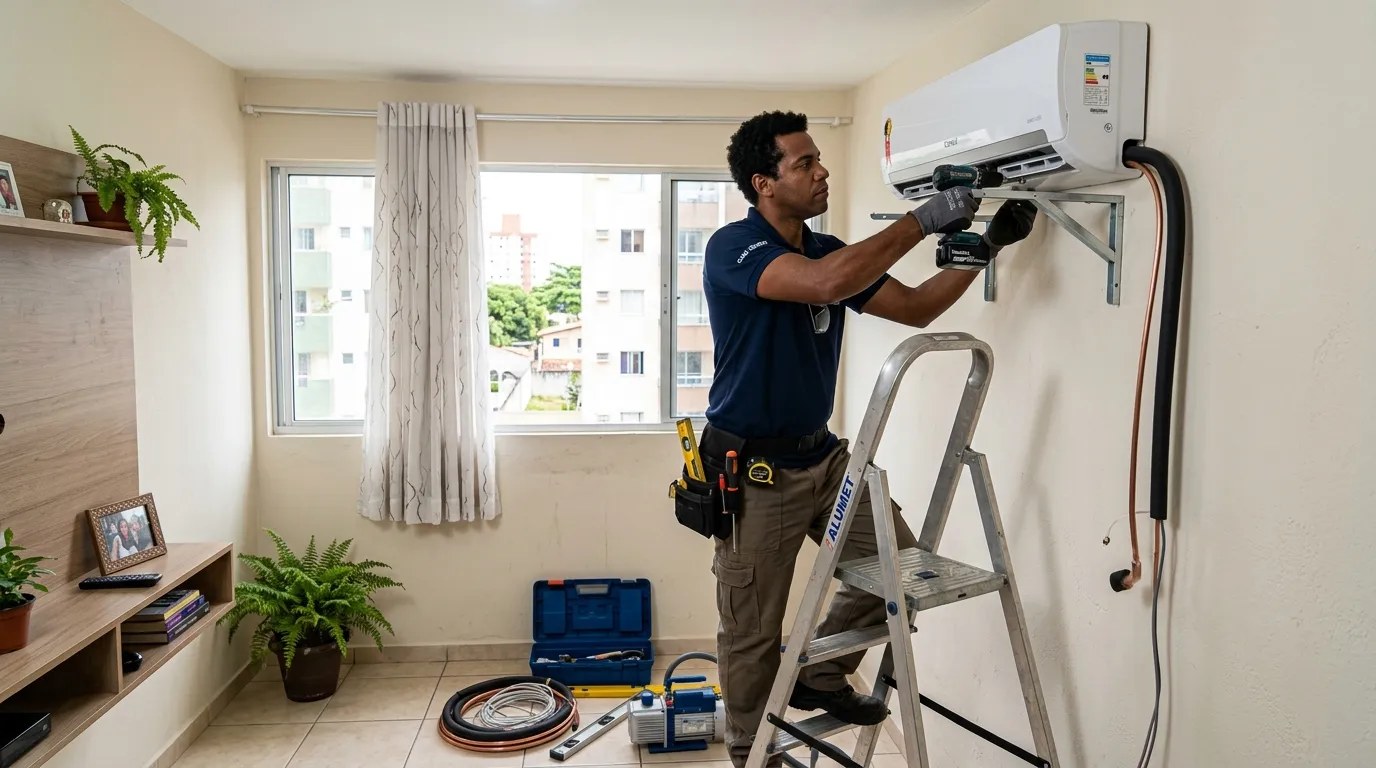 Técnico instalando ar-condicionado split em residência em Goiânia‑GO