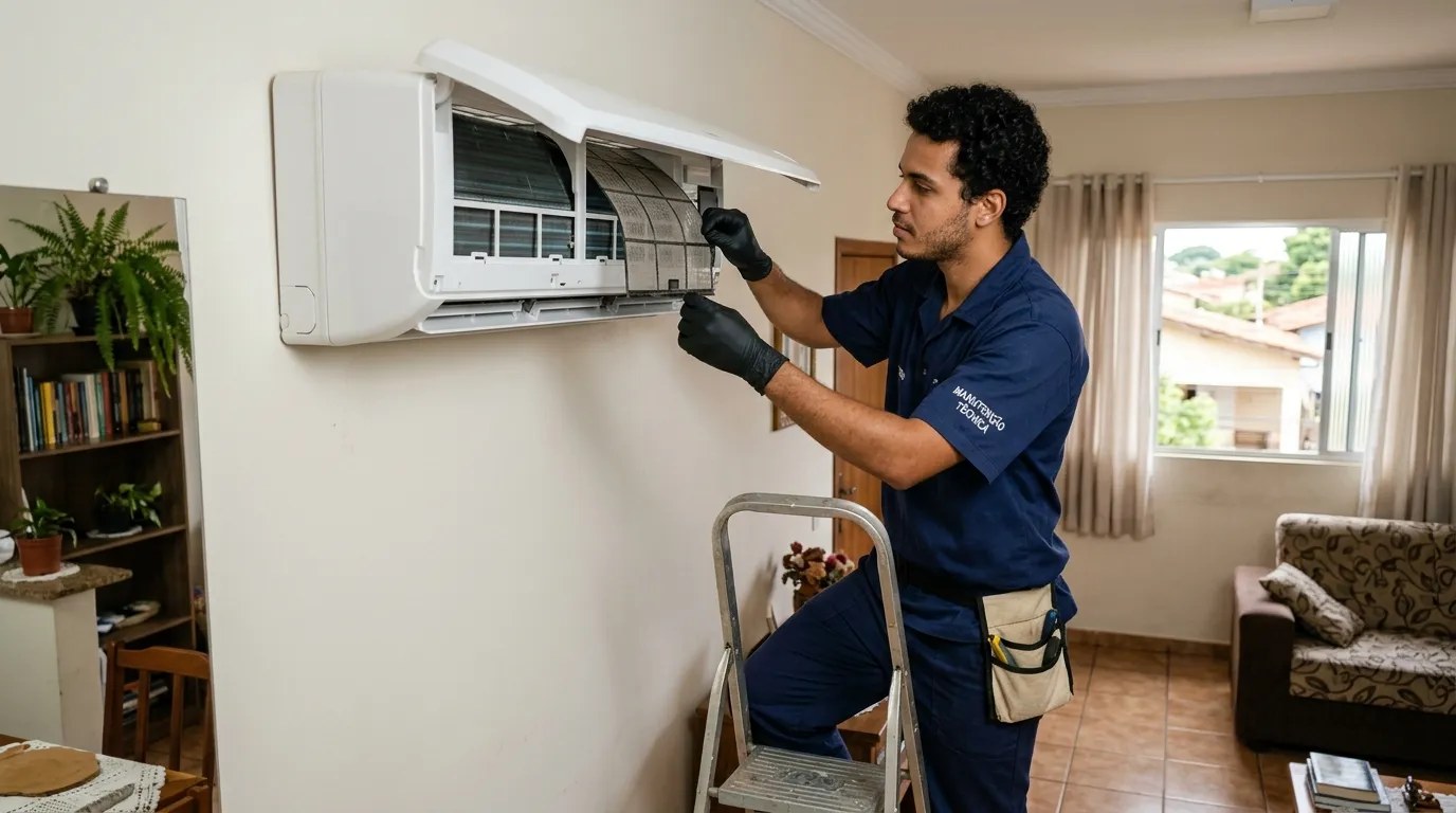 Técnico fazendo limpeza e higienização de ar-condicionado split em Goiânia‑GO