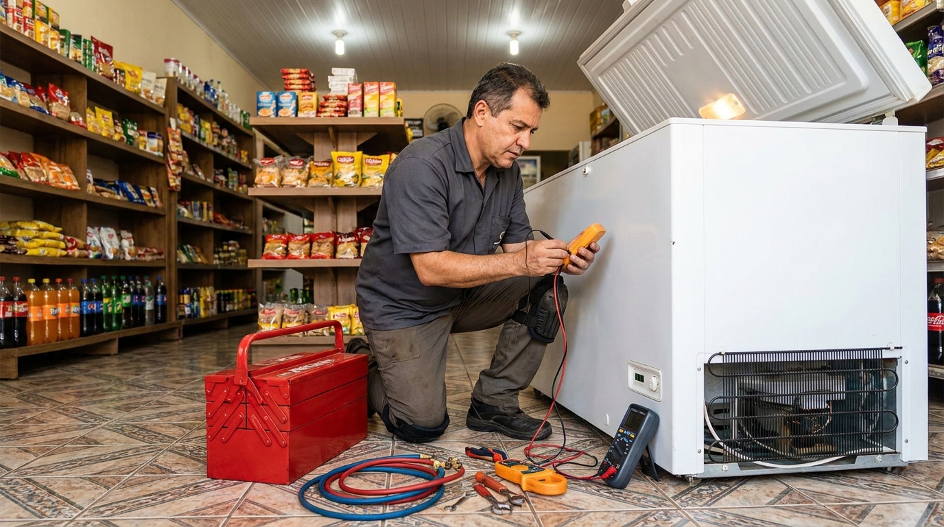 Manômetro conectado ao circuito durante recarga de gás de freezer no Arco Verde, Goiânia‑GO