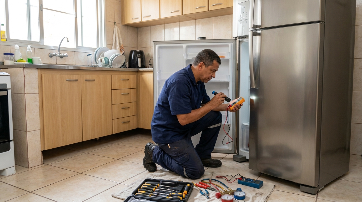 Técnico fazendo recarga de gás em geladeira de cliente em Capuava, Goiânia‑GO