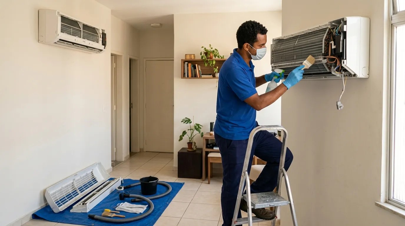 Técnico fazendo manutenção de ar-condicionado split em Goiânia‑GO