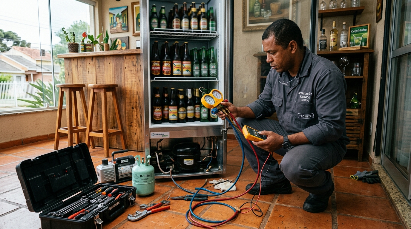 Técnico conferindo a temperatura de uma cervejeira durante atendimento em Goiânia‑GO