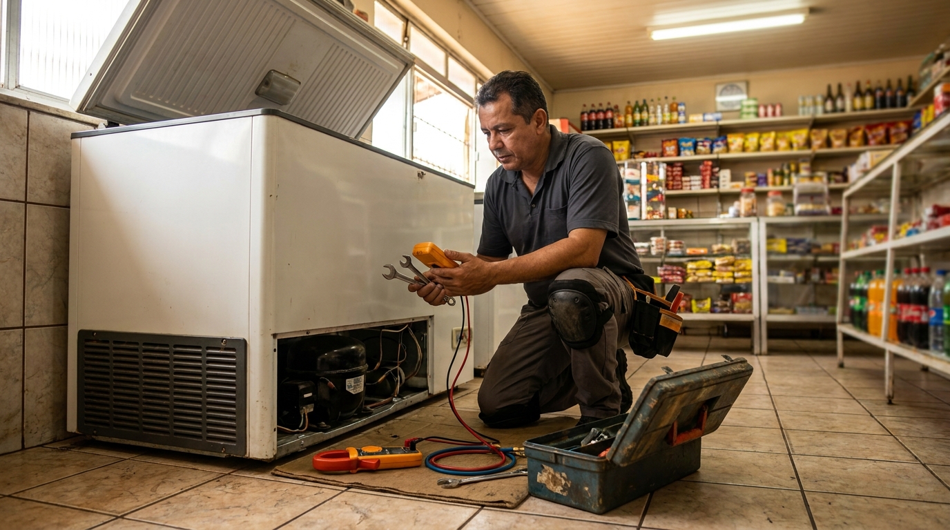 Técnico avaliando um freezer vertical durante atendimento no Arco Verde, Goiânia‑GO