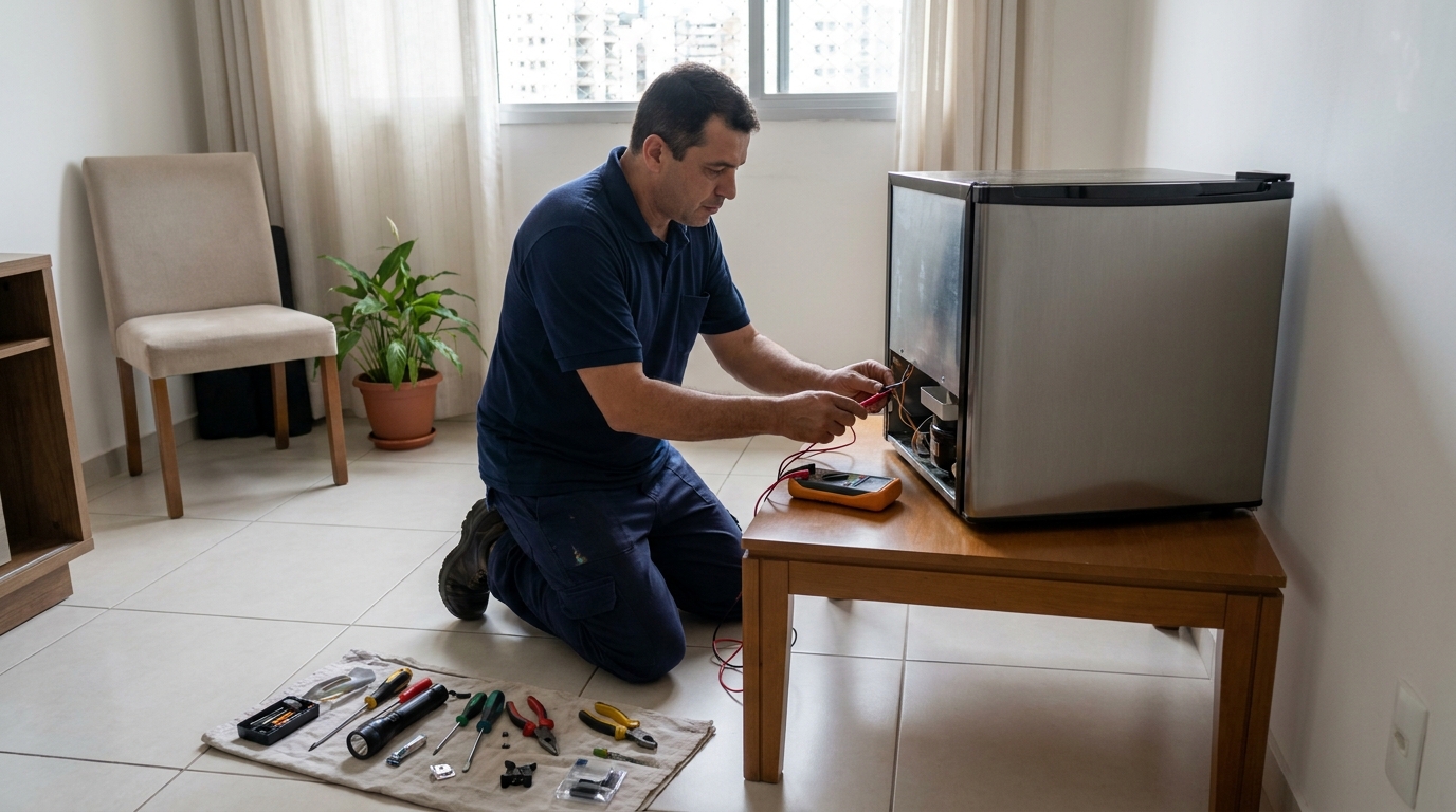 Técnico avaliando um frigobar compacto durante atendimento no Setor Serrinha, Goiânia‑GO